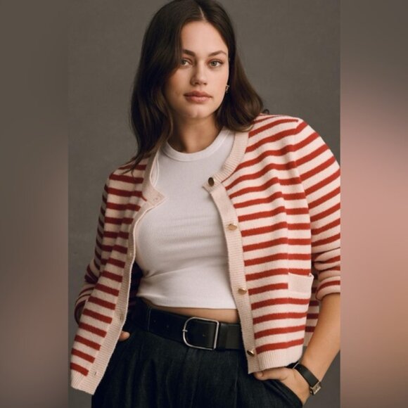 Anthropologie Red Striped Sweater Lady Sweater Cardigan Size 1X - Picture 1 of 16
